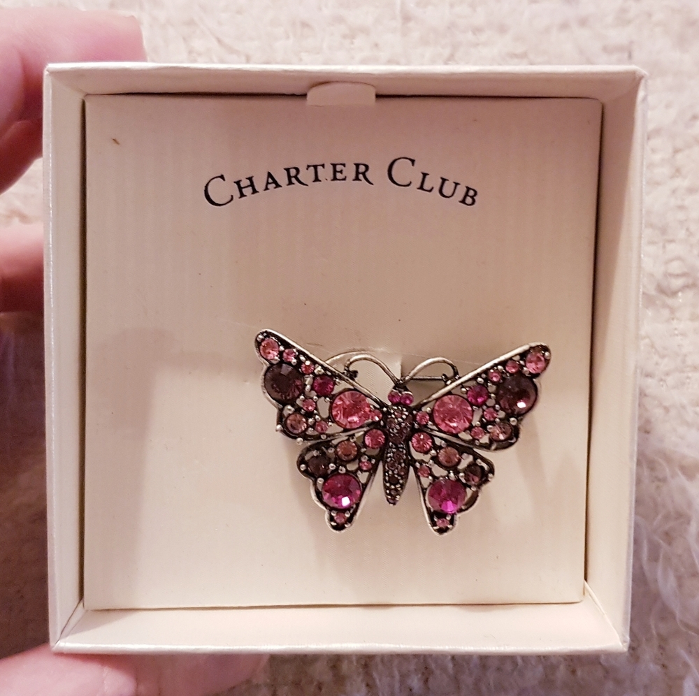 Charter Club Silver Tone Butterfly Brooch Pink Crystals Vintage NWT